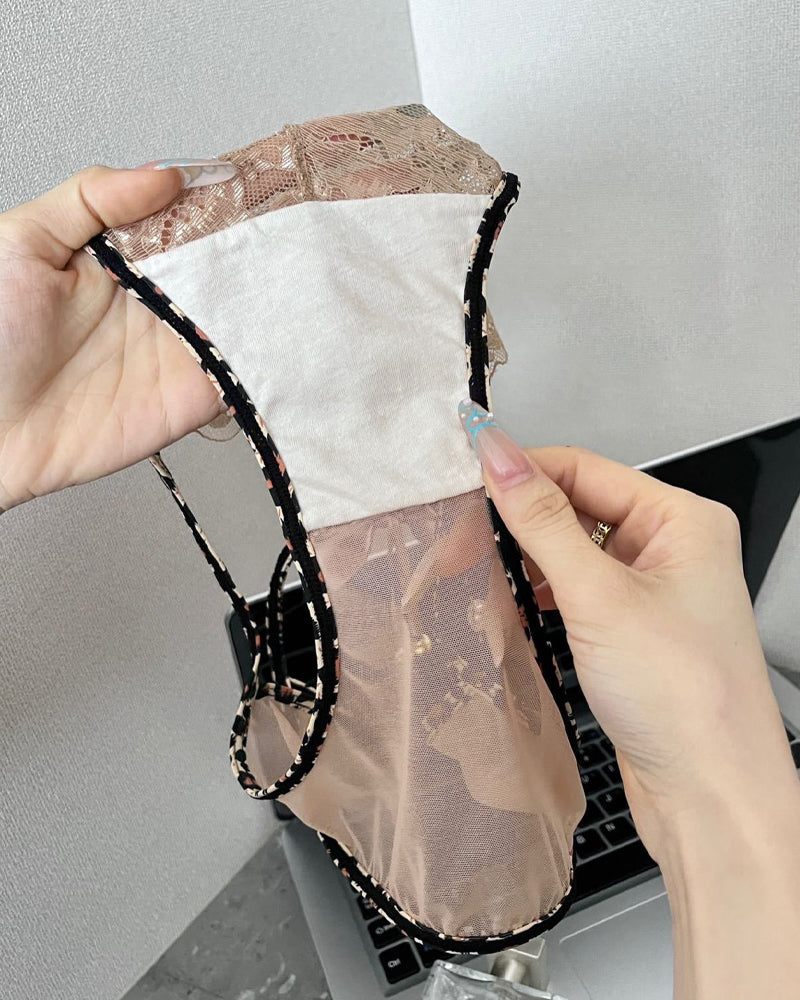 Leopard Print Lace Patchwork Mesh See-through Cutout Bell Bow Decoration Panties