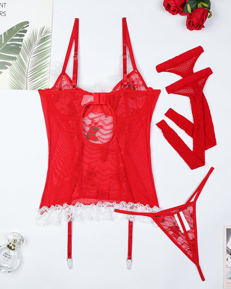 Sexy Christmas Lace Mesh Sheer Lingerie Set with Stockings