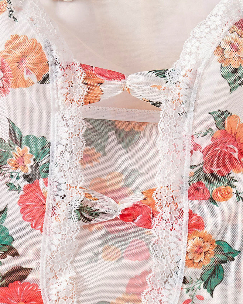 Colorful Floral Print Mesh Sheer Bodysuit Lingerie