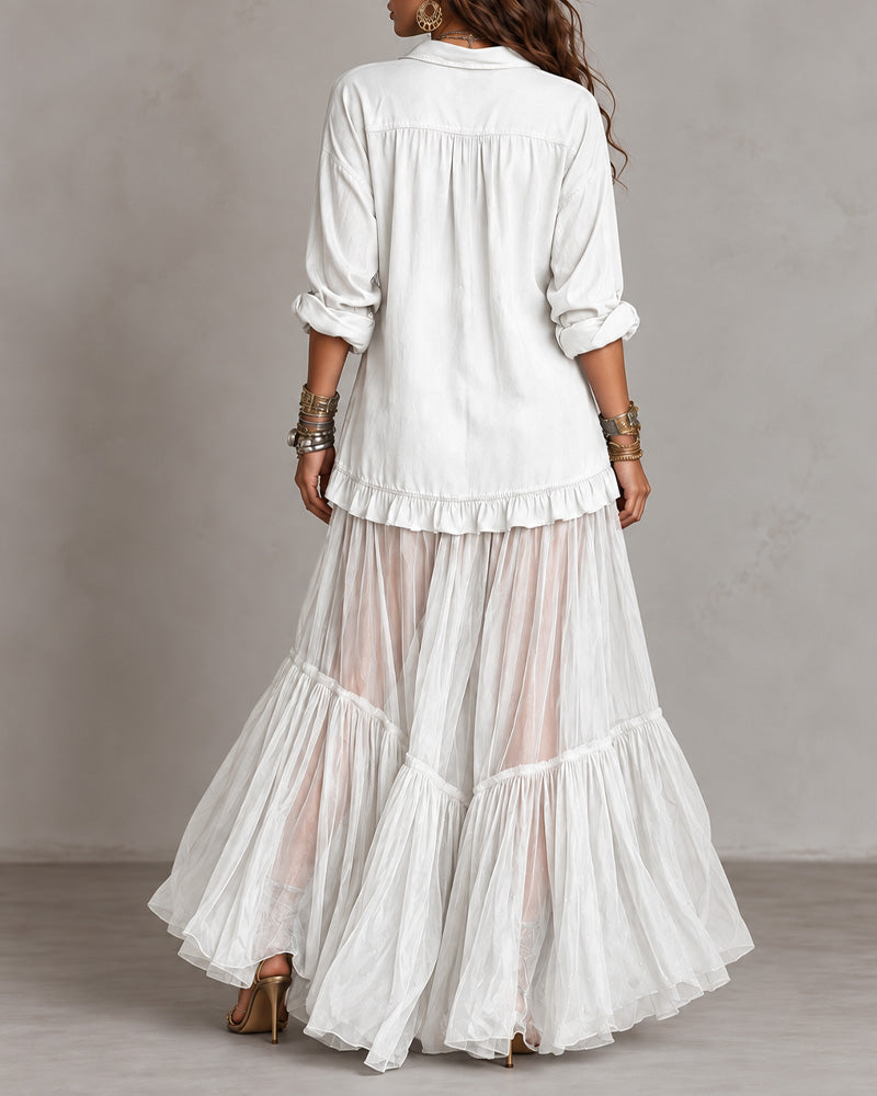 Retro Casual Lapel Faux Denim Chiffon Patchwork Long Dress