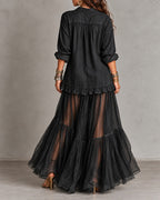 Retro Casual Lapel Faux Denim Chiffon Patchwork Long Dress