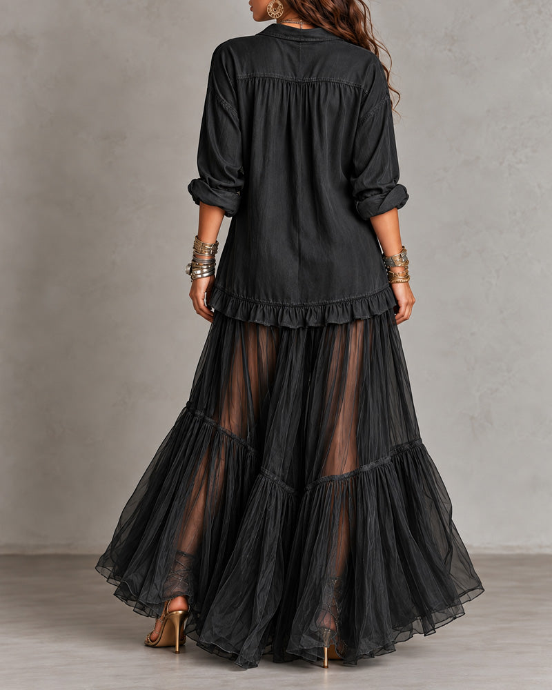 Retro Casual Lapel Faux Denim Chiffon Patchwork Long Dress