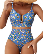 Women's V-neck Floral High-waisted Tummy-control Bikini Swimsuit