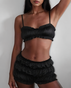 Satin Ruffle Pajama Set Ruched Cami Crop Top & Shorts Two-Piece Sleepwear