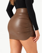 High Waist Tummy Control Ruched 2-in-1 Fleece PU Mini Bodycon Skirt