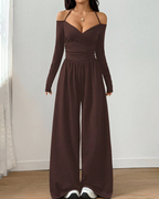 Basic Halter-Neck Fashion Solid Color Knit Long Sleeve Ruched Wide Leg Jumpsuit