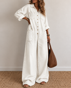 Sexy Button-Front Denim Shirt Loose Wide-Leg Jumpsuit