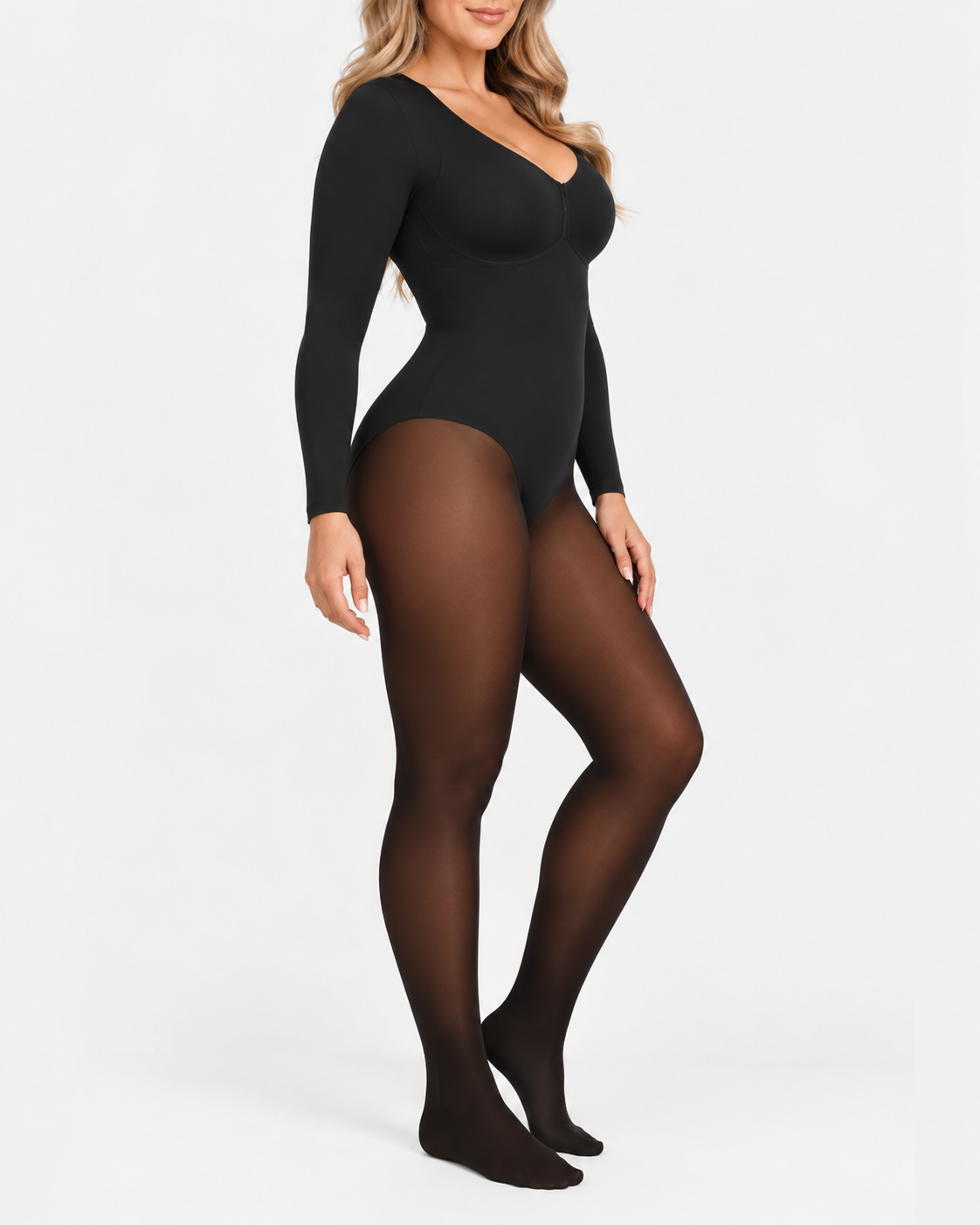 Sheer-Panel Fleece-Lined Tummy Control & Butt Lift Bodysuit