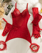 Sexy Rhinestone Embellished Sparkling Mesh Leg Strap Lingerie Set with Gloves
