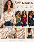 Women's Deep V Satin Tie-Up Lantern Long Sleeve Top