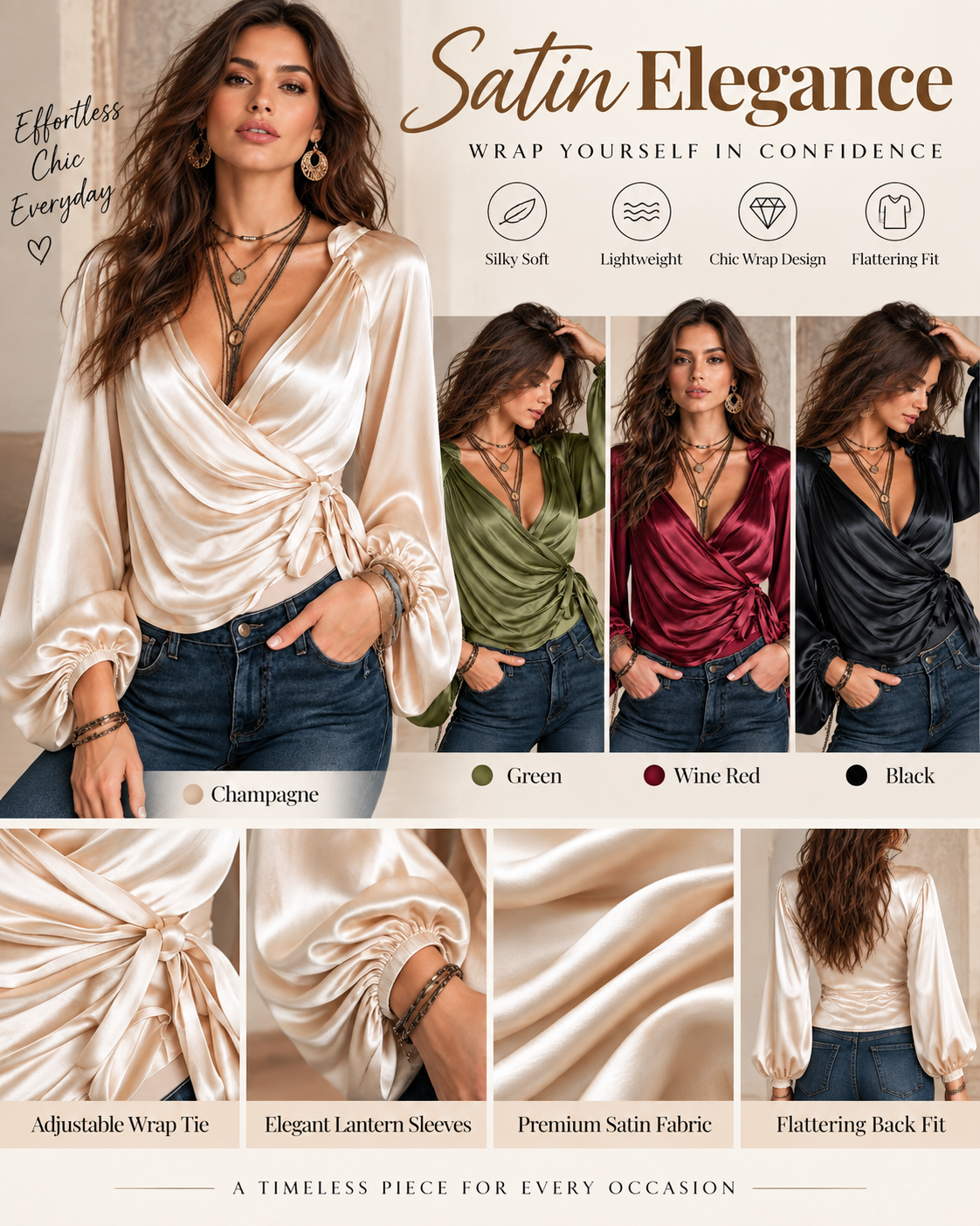 Women's Deep V Satin Tie-Up Lantern Long Sleeve Top