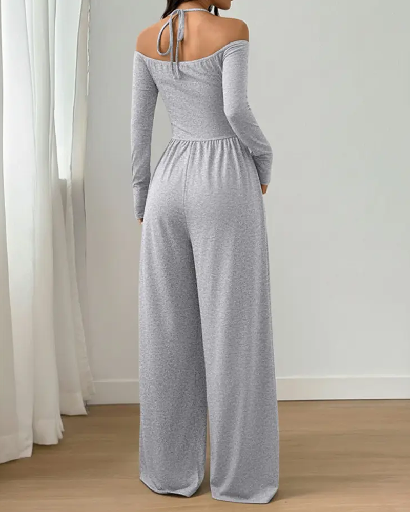 Basic Halter-Neck Fashion Solid Color Knit Long Sleeve Ruched Wide Leg Jumpsuit