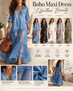 Retro Casual Lapel Faux Denim Chiffon Patchwork Long Dress