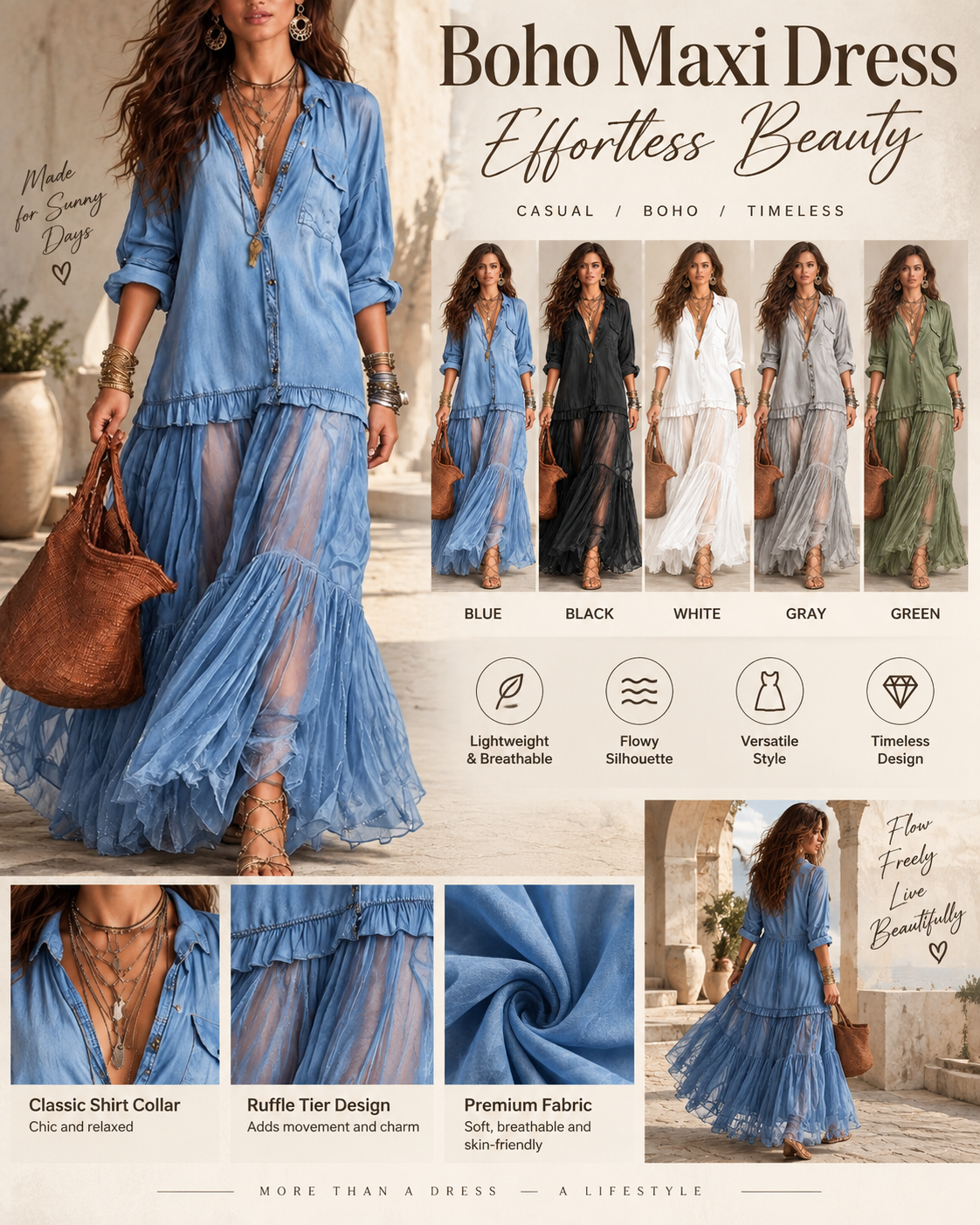 Retro Casual Lapel Faux Denim Chiffon Patchwork Long Dress