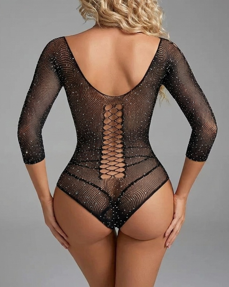Rhinestone Fishnet Long Sleeve Bodysuit