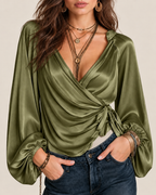 Women's Deep V Satin Tie-Up Lantern Long Sleeve Top