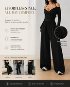 Basic Halter-Neck Fashion Solid Color Knit Long Sleeve Ruched Wide Leg Jumpsuit