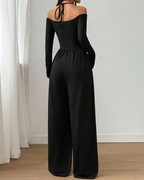 Basic Halter-Neck Fashion Solid Color Knit Long Sleeve Ruched Wide Leg Jumpsuit