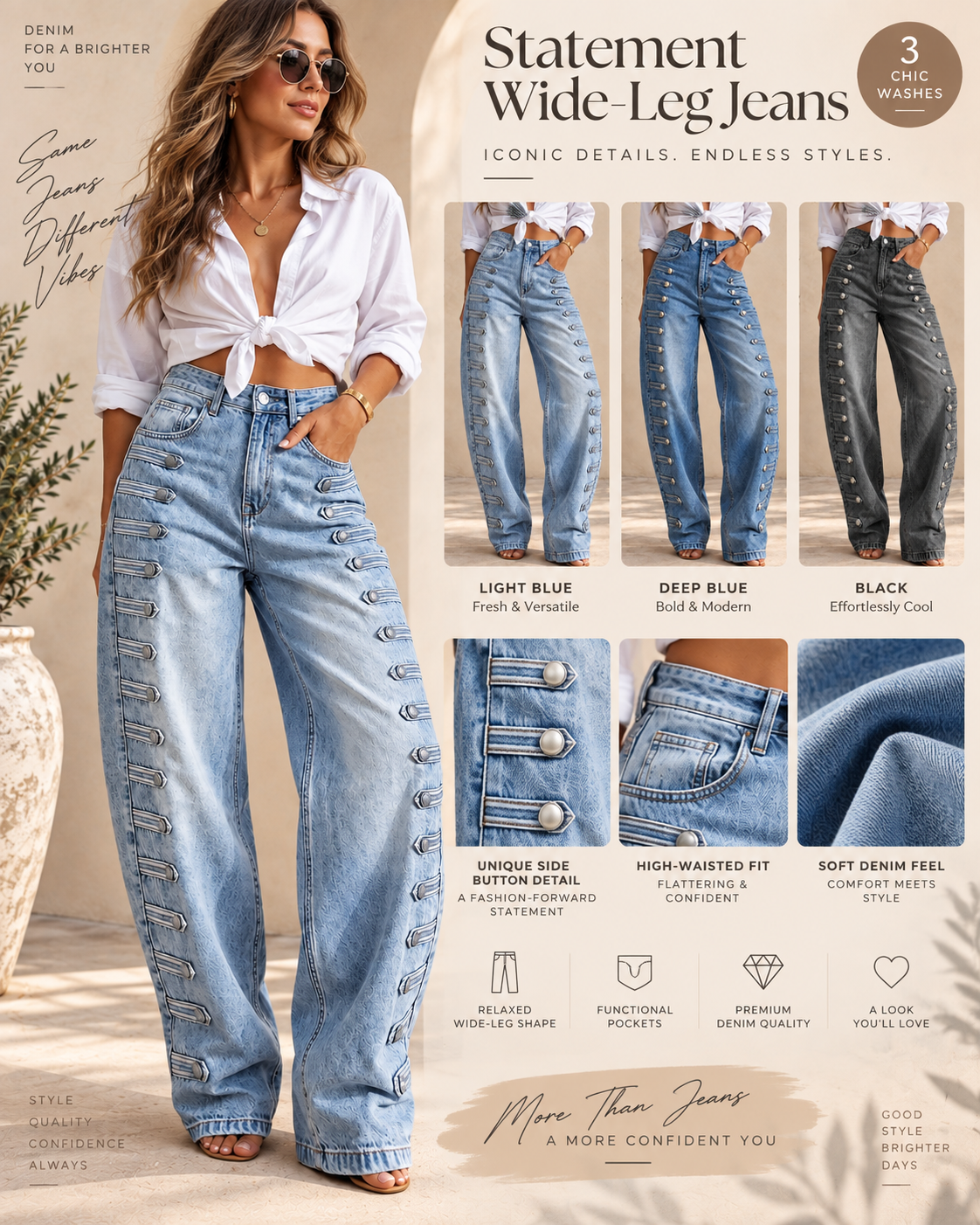 High Waist Side Multi Strap Buckle Wide Leg Jeans