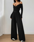 Basic Halter-Neck Fashion Solid Color Knit Long Sleeve Ruched Wide Leg Jumpsuit