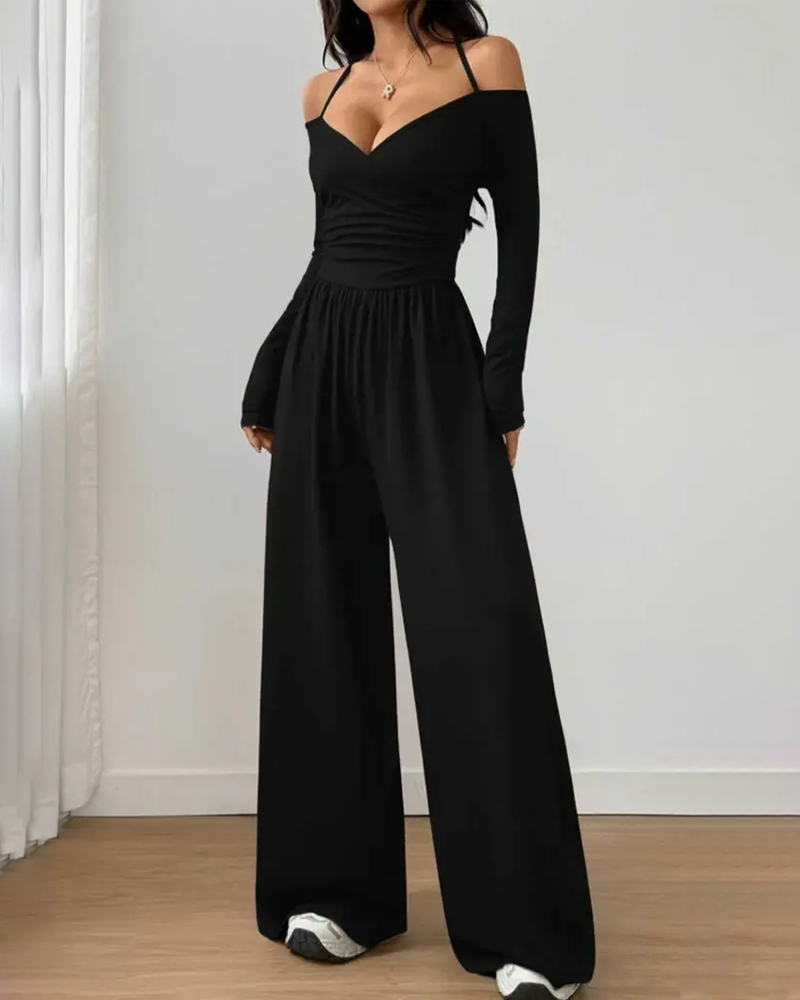 Basic Halter-Neck Fashion Solid Color Knit Long Sleeve Ruched Wide Leg Jumpsuit