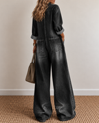 Sexy Button-Front Denim Shirt Loose Wide-Leg Jumpsuit