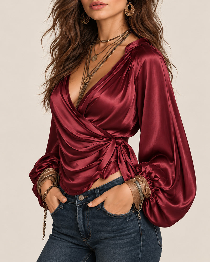 Women's Deep V Satin Tie-Up Lantern Long Sleeve Top