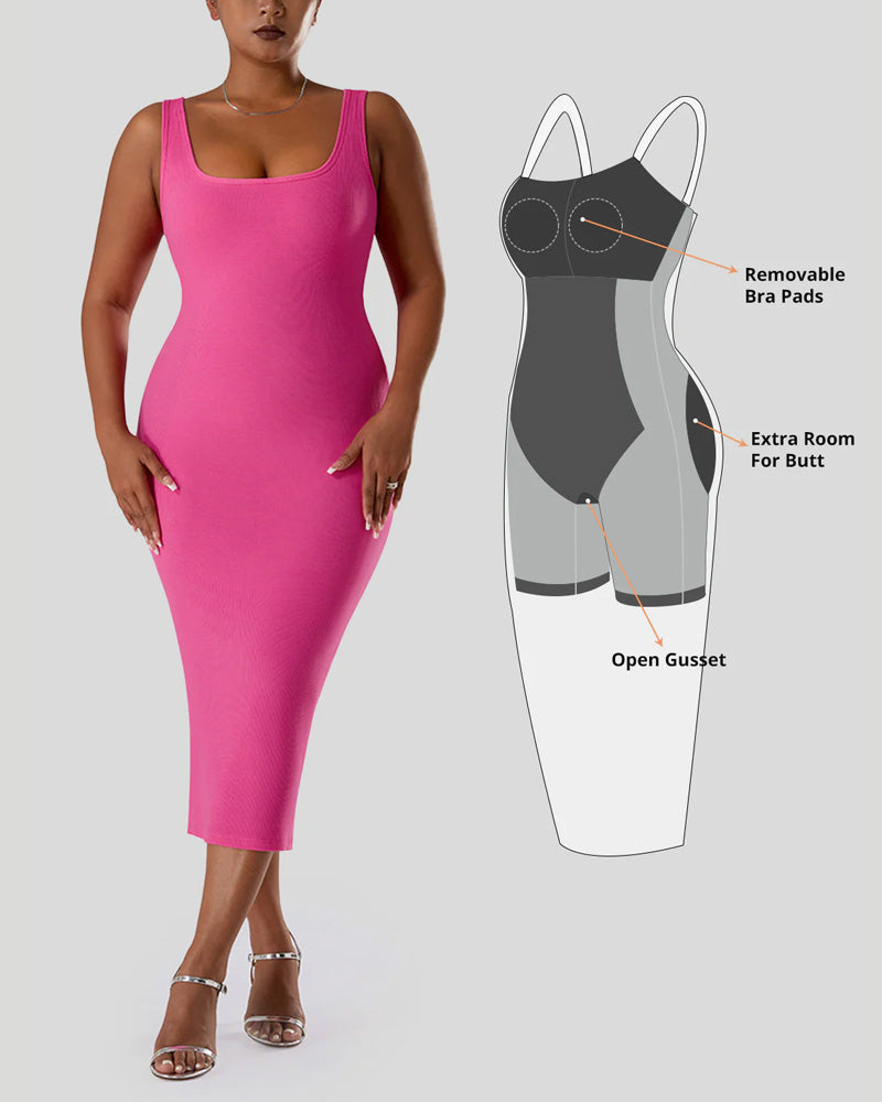 Solid Color Sleeveless Waist and Hip Lifting Long Dress With Built In Shapewear