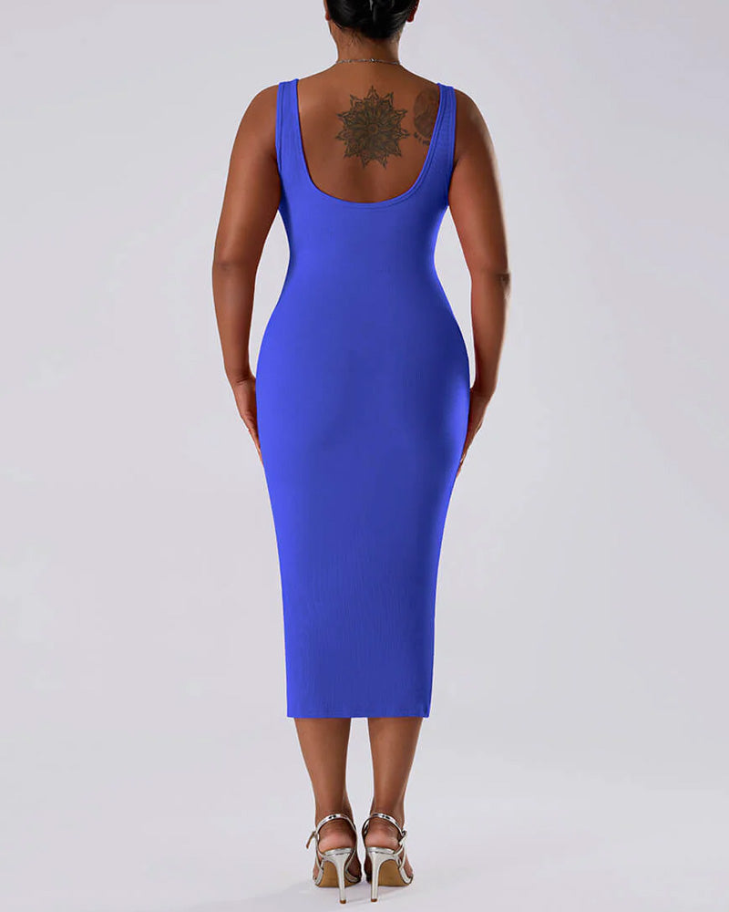 Solid Color Sleeveless Waist and Hip Lifting Long Dress With Built In Shapewear