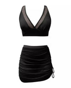 Women's Deep V Tummy Control Shaper Mesh Sheer Sarong Wrap Swimsuit Bikini