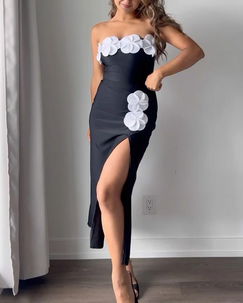 Bandeau 3D Flower One Piece Swimsuit And Skirt