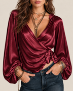 Women's Deep V Satin Tie-Up Lantern Long Sleeve Top