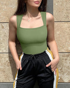 Women's Square Neck Sleeveless Knit Ribbed Vest Bodysuit