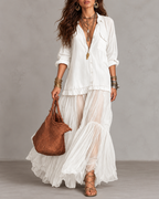 Retro Casual Lapel Faux Denim Chiffon Patchwork Long Dress