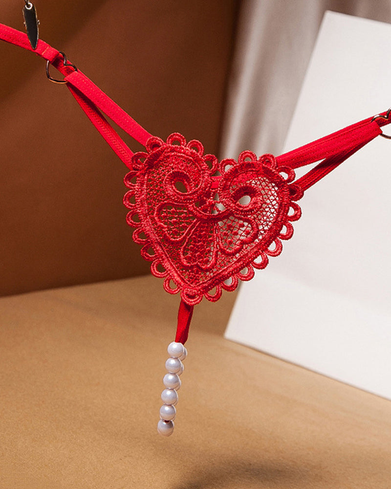 Sexy Heart-Shaped Lace Flower Pearl Embellished Thong