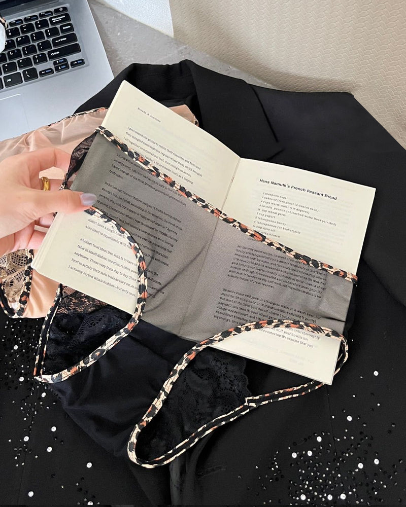 Leopard Print Lace Patchwork Mesh See-through Cutout Bell Bow Decoration Panties