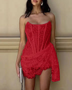 Sexy Lace Mesh Off-shoulder Strapless Slightly Sheer Bodycon Dress