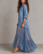 Retro Casual Lapel Faux Denim Chiffon Patchwork Long Dress
