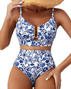 Women's V-neck Floral High-waisted Tummy-control Bikini Swimsuit
