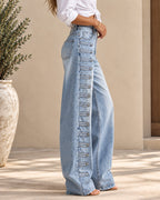High Waist Side Multi Strap Buckle Wide Leg Jeans