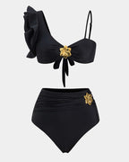 Halterneck Cut Out Swimsuit and Skirt With Flower Hardware Details