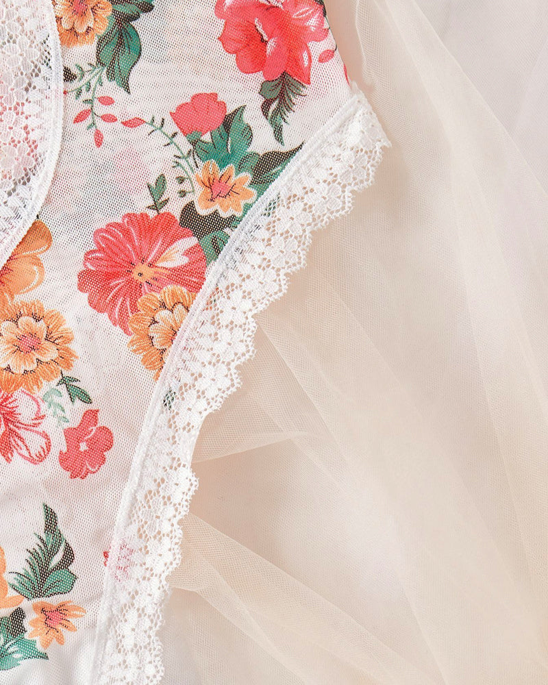 Colorful Floral Print Mesh Sheer Bodysuit Lingerie