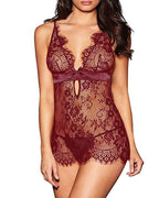 Sexy Deep V See-Through Eyelash Lace Camisole Nightgown