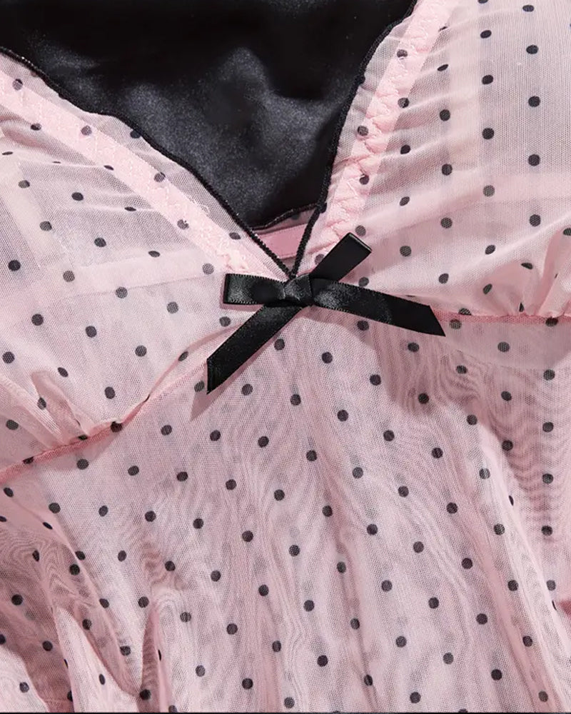 Sexy V-neck Polka Dot Print Semi-transparent Suspender Nightdress Set