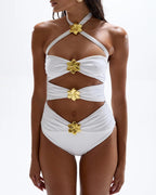 Halterneck Cut Out Swimsuit and Skirt With Flower Hardware Details