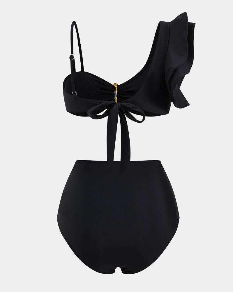 Halterneck Cut Out Swimsuit and Skirt With Flower Hardware Details