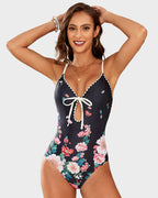 Deep V Bow Tie Floral Printed Swimsuit