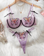 Purple Sexy Sheer Mesh Butterfly Embroidery Underwire Bra and Panty Set