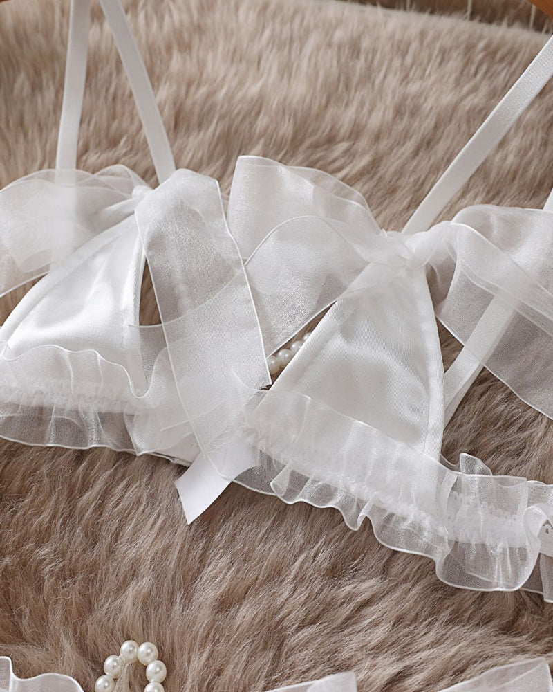 Lace Mesh Bow Tie Pearl Decoration Lingerie Set