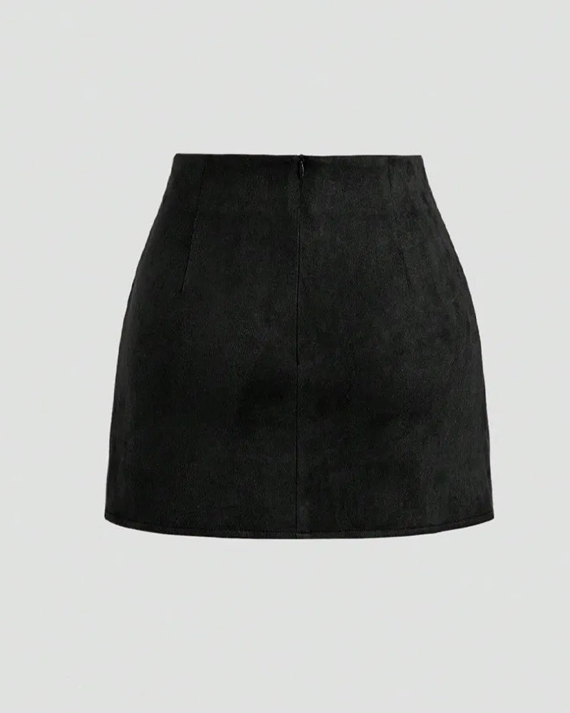 Retro Pleated Faux Suede Slim-fit Mid-waist Skirt